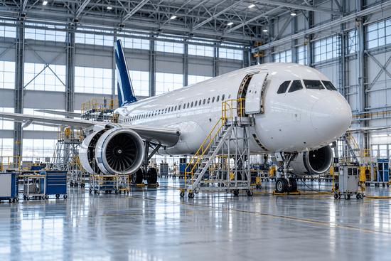 Aircraft inside a maintenance hangar